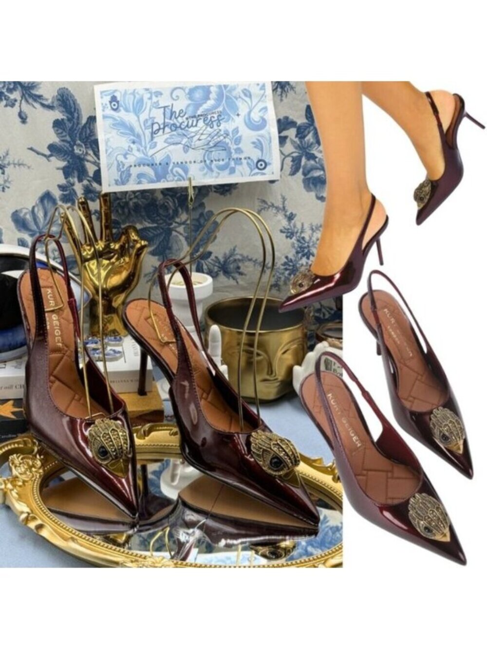 🆕 KURT GEIGER LONDON 🧿 NWOB Large Eagle Slingback Heel, Wine - Sz EU 40 US 9